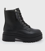 New Look Black Leather-Look Zip Side Lace Up Chunky Boots